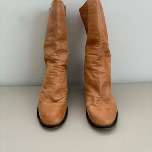 Free People Elle Block Heel Boot Slouchy Leather Back Zipper EU 39 US 8.5 Tan